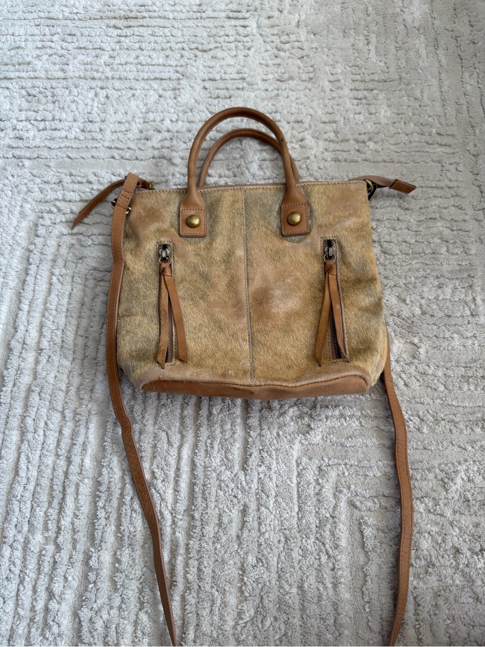 Miss Albright Anthropologie Tan Hair On Hide Leather Satchel Crossbody Bag